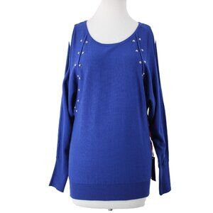 Jennifer Lopez $50 Sz XS Blue Silver Studded Cold Shoulder Viscose Sweater